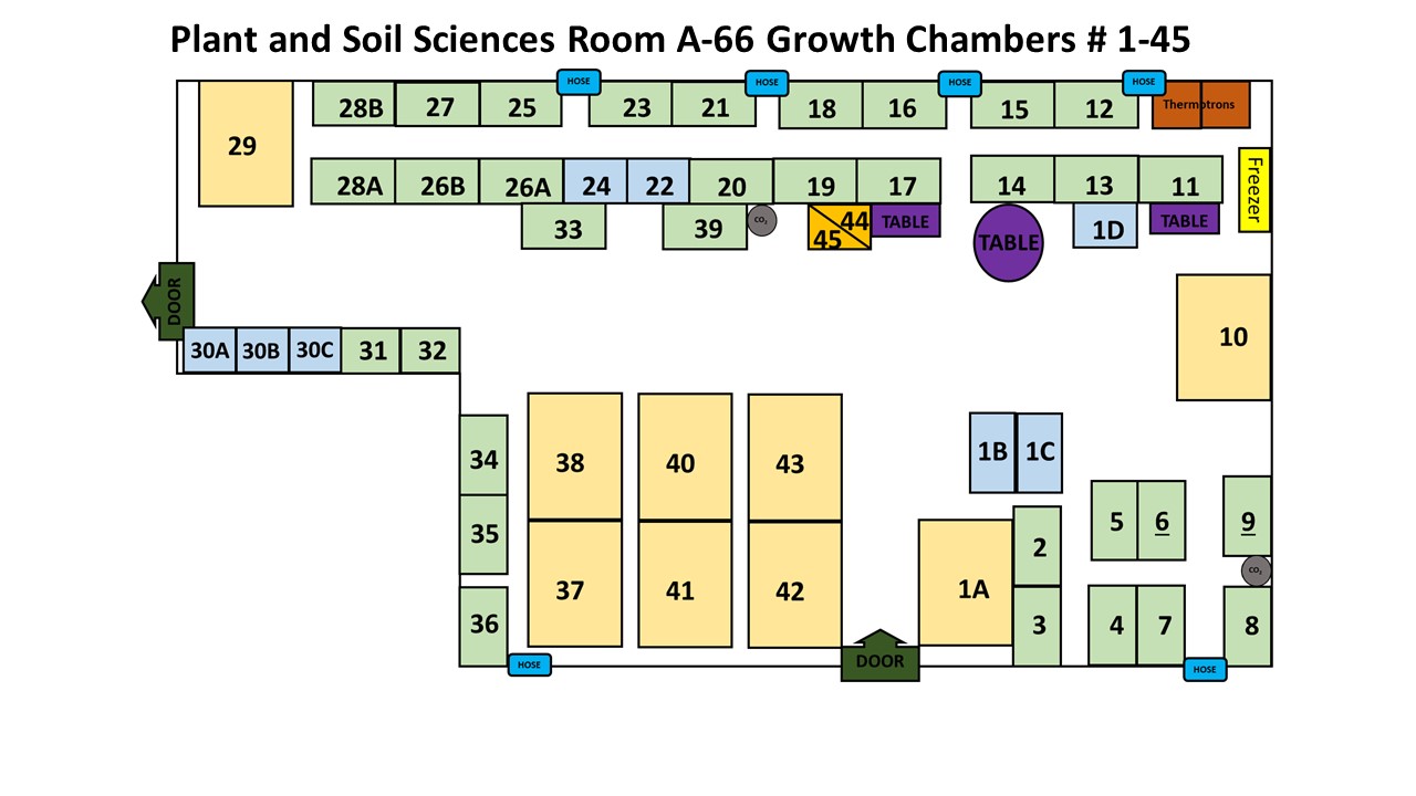 Map of room A-66 of the Plant and Soil Sciences Building, part of the Growth Chamber Facilty